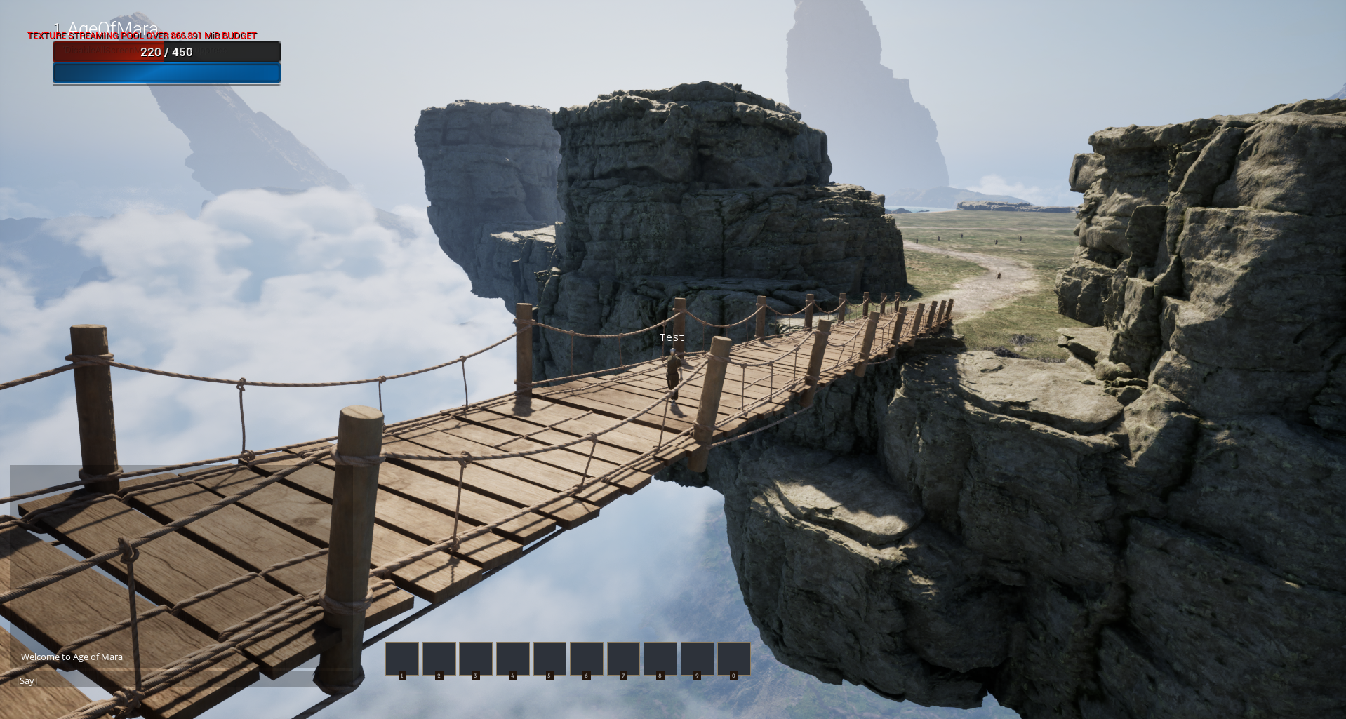 Character crossing a rope bridge between floating islands above the clouds